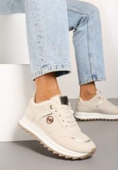 Beżowe Sneakersy na Płaskiej Podeszwie z Metalicznymi Wstawkami i Ociepleniem Adelanna. Brązowe obuwie sportowe damskie Born2be, z jeansu, bez zapięcia. Za 119.99 zł.