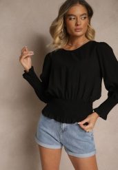 Czarna Bluzka z Wiskozą Ozdobiona Ściągaczami Tosara. Czarne bluzki damskie Renee, bez wzorów, z jeansu, bez kołnierzyka, bez ramiączek. Za 59.99 zł.