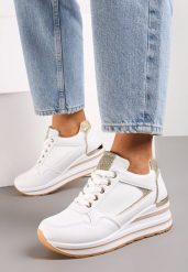Białe Sneakersy na Grubej Podeszwie z Brokatowymi Wstawkami Dorcassa. Białe obuwie sportowe damskie Born2be, bez zapięcia. Za 99.99 zł.