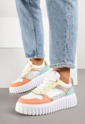 Biało-Pomarańczowe Sneakersy na Grubej Tłoczonej Podeszwie z Perforacją i Panterką Odivila. Białe obuwie sportowe damskie Born2be, z jeansu, bez zapięcia. Za 89.99 zł.