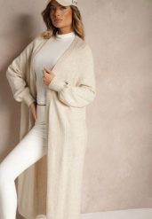 Jasnobeżowy Długi Kardigan Niezapinany z Kieszeniami Richildi. Brązowe kardigany damskie Renee, bez wzorów, z wiskozy. Za 129.99 zł.