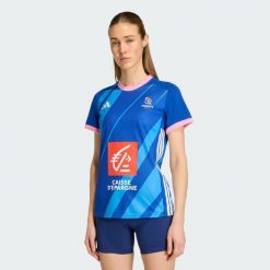 Damska Koszulka Meczowa Ffhb. Niebieskie bluzki damskie Adidas, bez wzorów, sportowe, bez kołnierzyka, bez ramiączek. Za 399.00 zł.