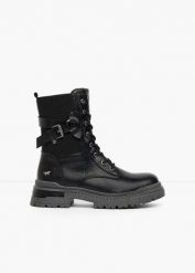 Botki sznurowane Mustang z klamrami. Czarne botki damskie bonprix, bez obcasa, bez zapięcia. Za 229.99 zł.