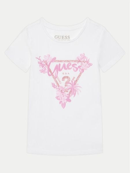 Guess T-Shirt K5GI14K6YW4 Biały Regular Fit. Białe koszulki i t-shirty dziewczęce Guess, z aplikacjami, z bawełny, bez kołnierzyka, bez ramiączek. Za 59.99 zł.