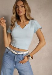 Jasnoniebieski T-shirt z Bawełny z Dekoltem w Serek Ulimisea. Niebieskie t-shirty damskie Renee, l, bez wzorów, z bawełny, bez kołnierzyka. Za 24.99 zł.