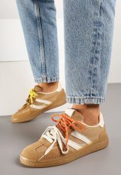 Brązowe Sneakersy z Podwójnym Wiązaniem i Geometrycznym Wzorem Telanielia. Brązowe obuwie sportowe damskie Born2be, z jeansu, bez zapięcia, trekkingowe. Za 89.99 zł.