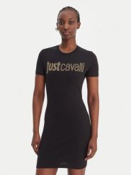 Just Cavalli Sukienka codzienna 80PAOE21 CJ112 Czarny Slim Fit. Czarne sukienki damskie Just Cavalli, bez wzorów, z bawełny, bez ramiączek. Za 702.99 zł.