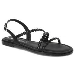 Czarne Sandały Tamaris Eleganckie Buty Damskie. Czarne sandały damskie Tamaris, z aplikacjami, ze skóry ekologicznej, bez obcasa, bez zapięcia. Za 189.00 zł.