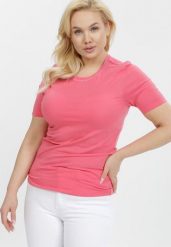 Ciemnoróżowy T-shirt Amathephine. Czerwone t-shirty damskie Born2be, l, bez wzorów, z bawełny, bez kołnierzyka. Za 19.99 zł.