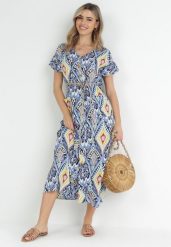 Niebieska Sukienka Maxi z Guzikami i Sznurkiem Phebia. Niebieskie sukienki damskie Born2be, bez wzorów, bez ramiączek. Za 139.99 zł.