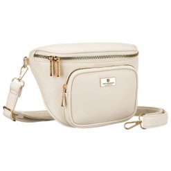 Jasnobeżowa saszetka damska ze skóry ekologicznej zamykana suwakiem - Peterson. Brązowe nerki i saszetki damskie Peterson, bez wzorów, ze skóry ekologicznej. Za 70.00 zł.