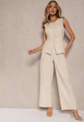 Beżowe Szerokie Spodnie High Waist z Bawełny z Gumką w Talii Nalilva. Brązowe spodnie materiałowe damskie Renee, bez wzorów, z bawełny. Za 89.99 zł.
