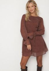 Brązowa Rozkloszowana Sukienka Vices z Bufiastymi Rękawami w Kropki Eriane. Brązowe sukienki damskie Born2be, bez wzorów, eleganckie, bez ramiączek. Za 109.99 zł.