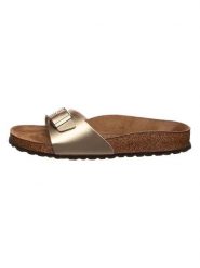Birkenstock Klapki "Madrid" w kolorze złotym rozmiar: 37. Żółte klapki damskie Birkenstock, bez wzorów, z otwartym noskiem, bez obcasa, bez zapięcia. Za 156.98 zł.
