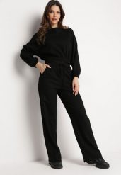 Czarny Komplet Bawełniany Spodnie Szerokie ze Sznurkiem w Pasie i Bluza ze Ściągaczami Urionne. Czarne bluzy damskie Born2be, l, bez wzorów, z bawełny, bez kaptura. Za 179.99 zł.