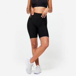 Spodenki fitness damskie Domyos. Czarne spodenki sportowe damskie DOMYOS, l, bez wzorów, z materiału, z podwyższonym stanem, na fitness i siłownię. Za 39.99 zł.