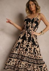 Czarno-Beżowa Rozkloszowana Sukienka z Wiskozy Zdobiona Broszką i Wiązaniem Marionela. Czarne sukienki damskie Renee, z aplikacjami, z wiskozy, eleganckie, bez ramiączek. W wyprzedaży za 59.49 zł.