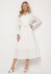 Biała Bawełniana Sukienka z Ażurowym Wzorem i Paskiem Noviellea. Białe sukienki damskie Born2be, z aplikacjami, z bawełny, eleganckie, bez ramiączek. W wyprzedaży za 161.49 zł.
