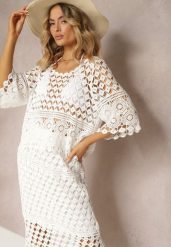 Biała Bluzka z Ażurowego Materiału Bawełniana Euralia. Białe bluzki damskie Renee, w ażurowe wzory, z bawełny, eleganckie, bez kołnierzyka, bez ramiączek. Za 69.99 zł.