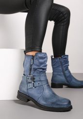 Niebieskie Płaskie Botki w Stylu Bikerów z Ozdobnym Suwakiem i Paskiem Nelilina. Niebieskie botki damskie Born2be, z jeansu, rockowe, bez obcasa, na obcasie, bez zapięcia. Za 139.99 zł.