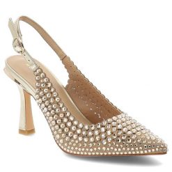 Czółenka damskie Alma En Pena, materiałowa cholewka ozdobne kryształki pasek z regulacją smukły nosek elegancki obcas złoty kolor wizytowy styl, złot. Żółte czółenka damskie Alma En Pena, z aplikacjami, z materiału, bez obcasa, na obcasie. Za 539.90 zł.