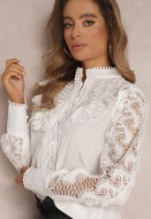 Biała Koszula Meridtila. Białe koszule damskie Renee, m, z aplikacjami, z koronki, eleganckie, bez kołnierzyka, bez ramiączek. Za 99.99 zł.
