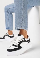 Biało-Czarne Sneakersy na Grubej Podeszwie z Licznymi Wstawkami na Cholewce Lairemea. Czarne obuwie sportowe damskie Born2be, bez zapięcia. Za 99.99 zł.