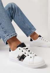 Biało-Czarne Sneakersy przed Kostkę z Ozdobną Klamrą Vilorea. Czarne obuwie sportowe damskie Born2be, z materiału, przed kostkę, bez zapięcia. Za 84.99 zł.