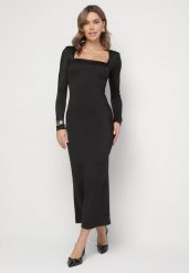 Czarna Sukienka Longsleeve o Dopasowanym Kroju z Kwadratowym Dekoltem Kortewis. Czarne sukienki damskie Born2be, bez wzorów, eleganckie, bez ramiączek. W wyprzedaży za 101.99 zł.