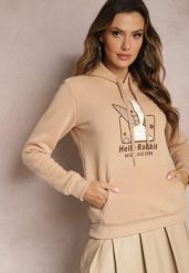 Beżowa Bluza z Kapturem i Ozdobnym Nadrukiem Kliorre. Brązowe bluzy damskie Renee, l, bez wzorów, z kapturem. Za 79.99 zł.