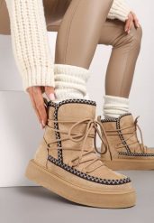 Ciemnobeżowe Sznurowane Śniegowce na Platformie Coralinia. Brązowe śniegowce damskie Renee, z jeansu. Za 79.99 zł.