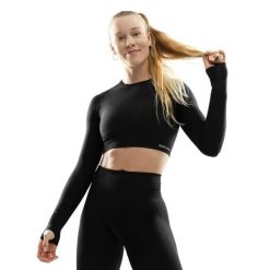 Damska bezszwowa sportowa koszulka crop top z długim rękawem Fitness Siroko Te. Czarne koszulki sportowe damskie SIROKO, l, bez wzorów, z materiału, bez ramiączek, do biegania. W wyprzedaży za 105.00 zł.