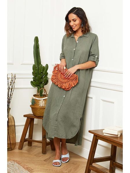 Le Monde du Lin Lniana sukienka w kolorze oliwkowym rozmiar: 40/42. Brązowe sukienki damskie Le Monde du Lin, bez wzorów, ze lnu, klasyczne, bez ramiączek. Za 189.74 zł.