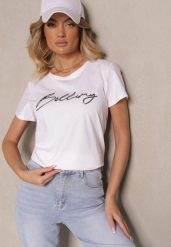 Biały T-shirt z Bawełny z Napisem Zelreti. Białe t-shirty damskie Renee, m, bez wzorów, z bawełny, bez kołnierzyka. Za 39.99 zł.