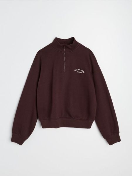 Bluza half-zip z haftowanym napisem z bawełną - czerwony. Czerwone bluzy damskie Sinsay, l, bez wzorów, z bawełny, bez kaptura. Za 49.99 zł.