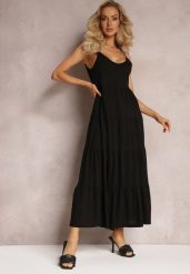 Czarna Bawełniana Sukienka Maxi z Wiązanymi Ramiączkami i Rozkloszowaną Falbaną Mariones. Czarne sukienki damskie Renee, bez wzorów, z bawełny, eleganckie, bez ramiączek. Za 109.99 zł.