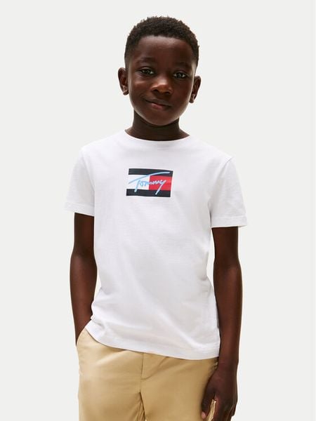 Tommy Hilfiger T-Shirt Script Flag KB0KB09725 Biały Regular Fit. Białe t-shirty i koszulki chłopięce Tommy Hilfiger, bez wzorów, z bawełny, bez kołnierzyka, bez ramiączek. Za 69.99 zł.