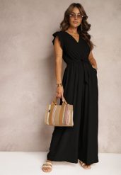 Czarny Koktajlowy Kombinezon Wiązany Paskiem Wykończony Falbankami przy Ramionach Vimaseni. Czarne sukienki damskie Renee, bez wzorów, eleganckie, bez ramiączek. W wyprzedaży za 63.99 zł.