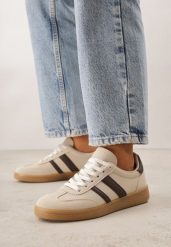 Beżowo-Brązowe Sneakersy na Kauczukowej Podeszwie z Geometrycznym Motywem Vikioria. Brązowe obuwie sportowe damskie Born2be, z dresówki, bez zapięcia. Za 99.99 zł.