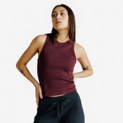 Koszulka bez rękawów damska Elementals z prążkowanej dzianiny. Fioletowe koszulki damskie Decathlon, uniwersalny, bez wzorów, z bawełny, bez kołnierzyka, bez ramiączek. Za 69.99 zł.