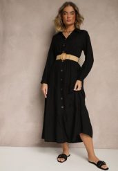 Czarna Wiskozowa Sukienka o Koszulowym Kroju z Paskiem z Klamrą Feluriela. Czarne sukienki damskie Renee, bez wzorów, z wiskozy, eleganckie, bez ramiączek. W wyprzedaży za 75.99 zł.