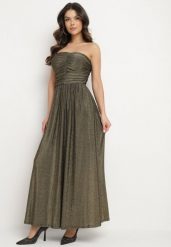 Złota Sukienka Koktajlowa Bandeau z Wiskozą Ozdobiona Marszczeniem Nalithae. Żółte sukienki damskie Born2be, bez wzorów, z jeansu, eleganckie, bez ramiączek. W wyprzedaży za 161.49 zł.