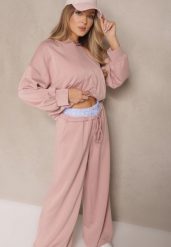 Różowy Komplet Dresowy z Wiskozą Bluza i Spodnie o Szerokim Kroju Lisanora. Czerwone bluzy damskie Renee, bez wzorów, z dresówki, z kapturem. Za 169.99 zł.