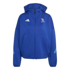 Kurtka z kapturem damska Francja Travel 2026/27. Niebieskie kurtki damskie Adidas, bez wzorów, z kapturem. Za 513.50 zł.