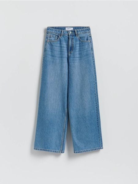 Jeansy wide leg z wysokim stanem - niebieski. Niebieskie jeansy damskie Reserved, z podwyższonym stanem. W wyprzedaży za 49.99 zł.