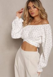 Biało-Fioletowa Bluzka w Kwiatowy Print z Wiązaniem pod Biustem Dequoia. Białe bluzki damskie Renee, bez wzorów, bez kołnierzyka, bez ramiączek. Za 49.99 zł.