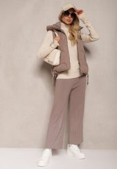 Ciemnoszare Spodnie o Szerokim Kroju High Waist z Cyrkoniami i Gumką w Pasie Loreitha. Brązowe spodnie materiałowe damskie Renee, z aplikacjami, z jeansu. Za 69.99 zł.
