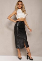 Czarna Ołówkowa Spódnica Maxi z Ekoskóry i Paskiem Evell. Czarne spódnice damskie Renee, l, z aplikacjami, eleganckie, maxi. Za 159.99 zł.