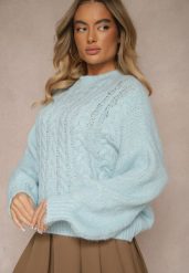 Niebieski Sweter z Wełną o Eleganckim Warkoczowym Splotem Makkaria. Niebieskie swetry klasyczne damskie Renee, na jesień, z jeansu, bez kołnierzyka. Za 139.99 zł.
