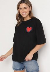 Czarny Bawełniany T-shirt z Motywem Serca Liorlie. Czarne t-shirty damskie Born2be, bez wzorów, z bawełny, bez kołnierzyka. Za 74.99 zł.